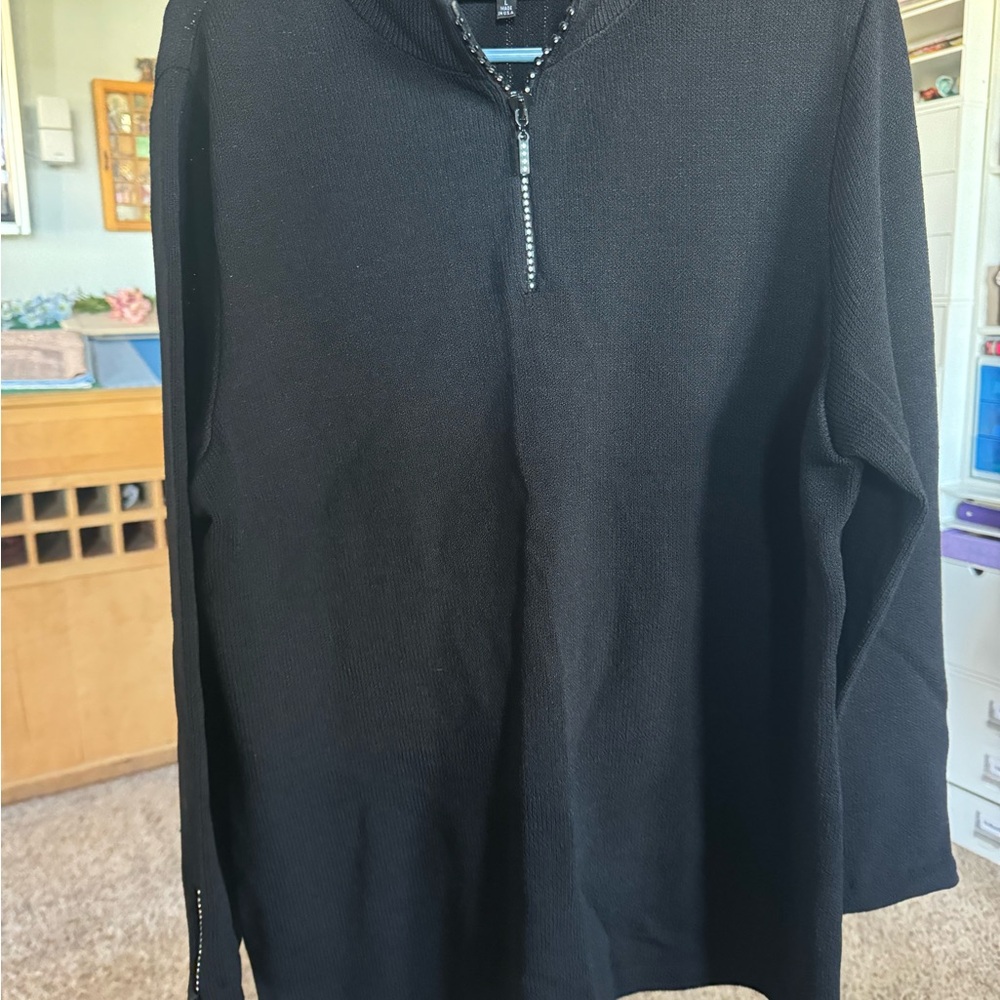 St. John Black Zip Up Sweater with Standing Collar